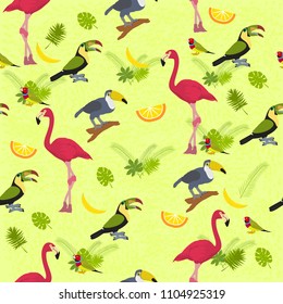Seamless vector background on a tropical theme with flamingos