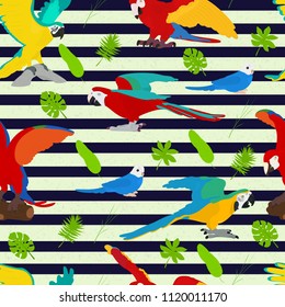 Seamless vector background on a tropical theme with parrots on a striped background