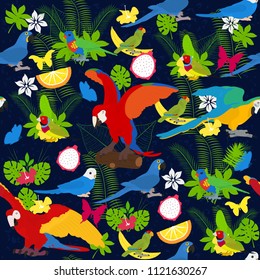 Seamless vector background on a tropical theme on a dark blue background with parrots