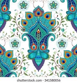 Seamless vector background with oriental pattern. Paisley flowers with peacock feathers. 
