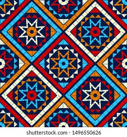 Seamless vector background. Ornament with Stars. Mosaic of ethnic figures. Hand drawing. Can be used for wallpaper, textile, invitation card, wrapping, web page background.