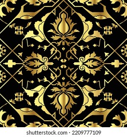 Fondo vectorial de hojas decorativas ornamentadas en estilo art deco. hojas decorativas con patrón dorado floral vintage.