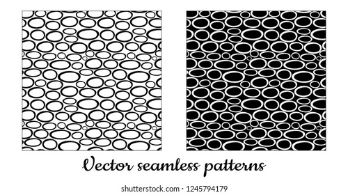 Seamless vector background. Ovals with a black contour and ovals with a white contour.