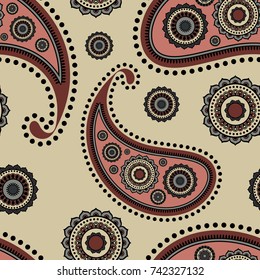 Seamless vector background with paisley. Pattern with Indian cucumber in gray, black, red and beige colors. Texture for textile, clown, carpeting, warp, book cover, clothes