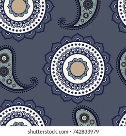 Seamless vector background with paisley. Pattern with Indian cucumber in blue, black, white and beige colors. Texture for textile, clown, carpeting, warp, book cover, clothes