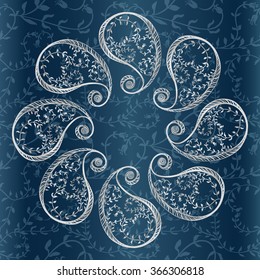 Seamless vector background - paisley, plants and flowers in the shape of a heart. Pattern for wrapping paper, postcards, fabric.