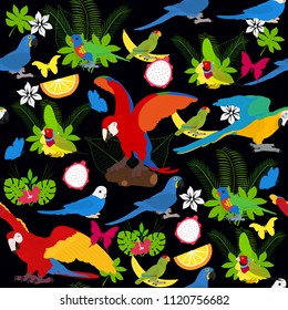 Seamless vector background with parrots and tropical plants on a black background