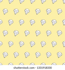 Seamless vector background with pastel gems in 3D style. Geometric pattern with outlined diamonds.