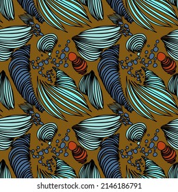 Seamless vector background pattern with abstract ornaments. Modern abstract seamless pattern for textile design.  Retro bright summer background. Vintage exotic print.