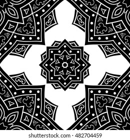 Seamless vector background. Pattern with abstract mandalas. Oriental black and white ornament. Template for textiles.