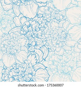 Seamless vector background with pattern of beautiful peonies. Delicate background with pastel colors.