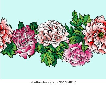 Seamless vector background with pattern of beautiful peonies. Delicate background with pastel colors. Seamless patterns are used in textile design