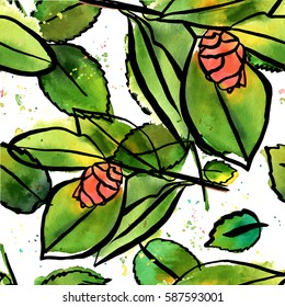 A seamless vector background pattern with beautiful pink watercolor camellia buds with green leaves and splashes of paint, on white