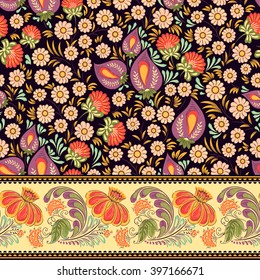 Seamless vector background pattern and border in traditional folk floral ornament. Ethnic template for fabric, textile, cloth, print, greeting card, wallpaper.