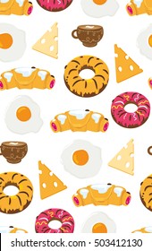 Seamless vector background pattern. Breakfast food collection on a white background. Breakfast pattern