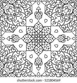 Seamless vector background. Pattern with contour abstract mandalas. Oriental black and white ornament. Template for textile.