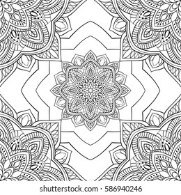 Seamless vector background. The pattern with contour filigree mandalas. Oriental black and white ornament. Template for carpet, textile.