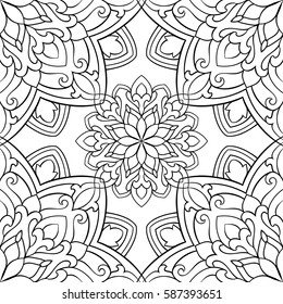 Seamless vector background. The pattern with contour mandalas. Oriental black and white ornament. Template for carpet, textile.