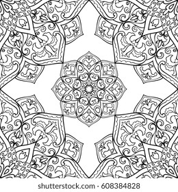 Seamless vector background. The pattern with contour filigree mandalas. Oriental black and white ornament. Template for carpet, shawl, textile.