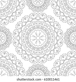 Seamless vector background. The pattern with contour simple mandalas. Oriental black and white ornament. Template for carpet, shawl, textile.