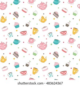 Seamless vector background pattern with cups, kettles, cakes and sweets of different colors and patterns, intermixed with multicolored spots
