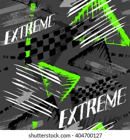 Seamless vector background pattern with elements of chess squares and stripes, speed, extreme and spots for boy. Grunge neon texture background.