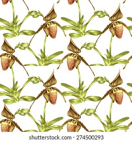 Seamless vector background. Pattern with exotic tropical flowers. Orchid. Design for wallpaper, upholstery fabrics, textiles, paper, packaging.