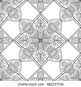 Seamless vector background. The pattern with floral mandalas. Oriental black and white ornament. Template for textile, wallpaper, tile.