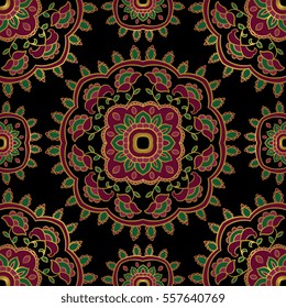 Seamless vector background. The pattern with floral simple mandalas. Oriental colorful ornament. Template for textile, carpet.