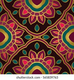 Seamless vector background. The pattern with floral simple mandalas. Oriental colorful ornament. Template for textile, carpet.