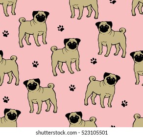 Seamless vector background pattern with a funny happy pug dog. Vector hand drawn pen pug dog puppy illustration. Vector logo,emblem, label design elements for pet shop, zoo shop. Artist business card.