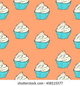 Seamless vector background pattern with hand drawn beauty muffins