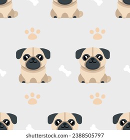 Patrón de fondo vectorial impecable con un perro de cerdo feliz. patrón de impresión en tela, ropa, papel de envoltura, fondo.