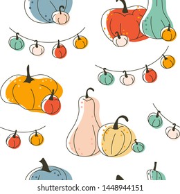 Seamless vector background pattern 
 of illustrations in flat sketchy style. Pastel color pumpkins made as autumn traditional decorations, free hand drawn october garlands, fall harvest doodle design.