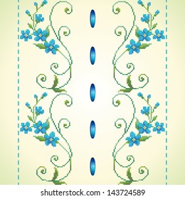 Seamless vector background.  Pattern imitates embroidery cross stitch and beads. Beautiful flowers of forget-me-not and satin ribbon.