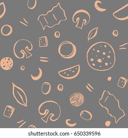 Seamless vector background pattern of ingredients for pizza. Vector illustration with bacon and mushrooms. Hand drawn background.
