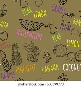 Seamless vector background pattern with isolated sketched fruits with signature pear, banana, pineapple, grapes, apple, lemon, coconut, watermelon, plum in doodle style for your design
