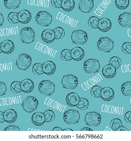 Seamless vector background pattern with isolated hand drawn silhouette of coconut and signature for your design