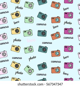 Seamless vector background pattern with isolated colorful camera in cartoon style for your design