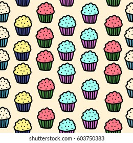 Seamless vector background pattern with isolated muffins in cartoon style for your design