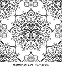 Seamless vector background. The pattern with mandalas. Oriental black and white ornament. Template for carpet, textile.