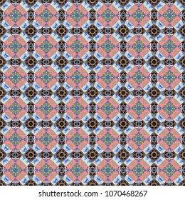 Seamless vector background pattern. Moroccan, Turkish, Indian modern floor tiles in blue, brown and pink colors.