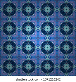 Seamless vector background pattern. Moroccan, Turkish, Indian modern floor tiles in blue, violet and black colors.