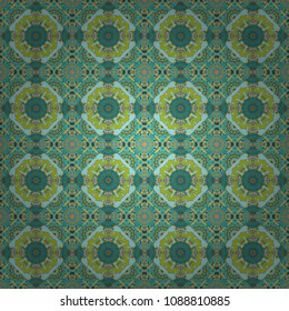 Seamless vector background pattern. Moroccan, Turkish, Indian modern floor tiles in green, yellow and blue colors.