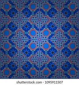 Seamless vector background pattern. Moroccan, Turkish, Indian modern floor tiles in blue, violet and purple colors.