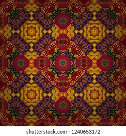 Seamless vector background pattern. Moroccan, Turkish, Indian modern floor tiles in yellow, orange and red colors.