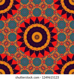 Seamless vector background pattern. Moroccan, Turkish, Indian modern floor tiles in brown, blue and magenta colors.