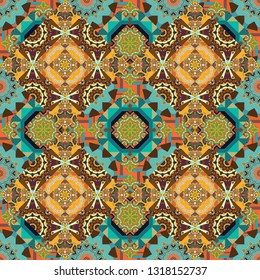 Seamless vector background pattern. Moroccan, Turkish, Indian modern floor tiles in yellow, blue and brown colors.