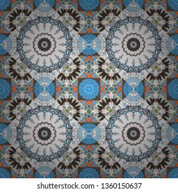 Seamless vector background pattern. Moroccan, Turkish, Indian modern floor tiles in gray, blue and white colors.