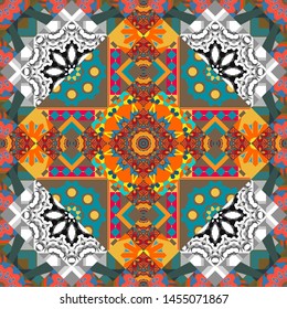 Seamless vector background pattern. Moroccan, Turkish, Indian modern floor tiles in blue, gray and brown colors.